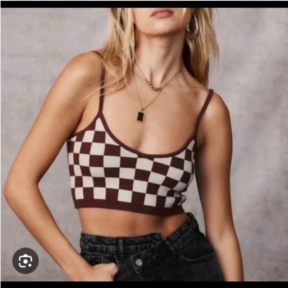 12th Tribe Brown and White Checkered Crop Top